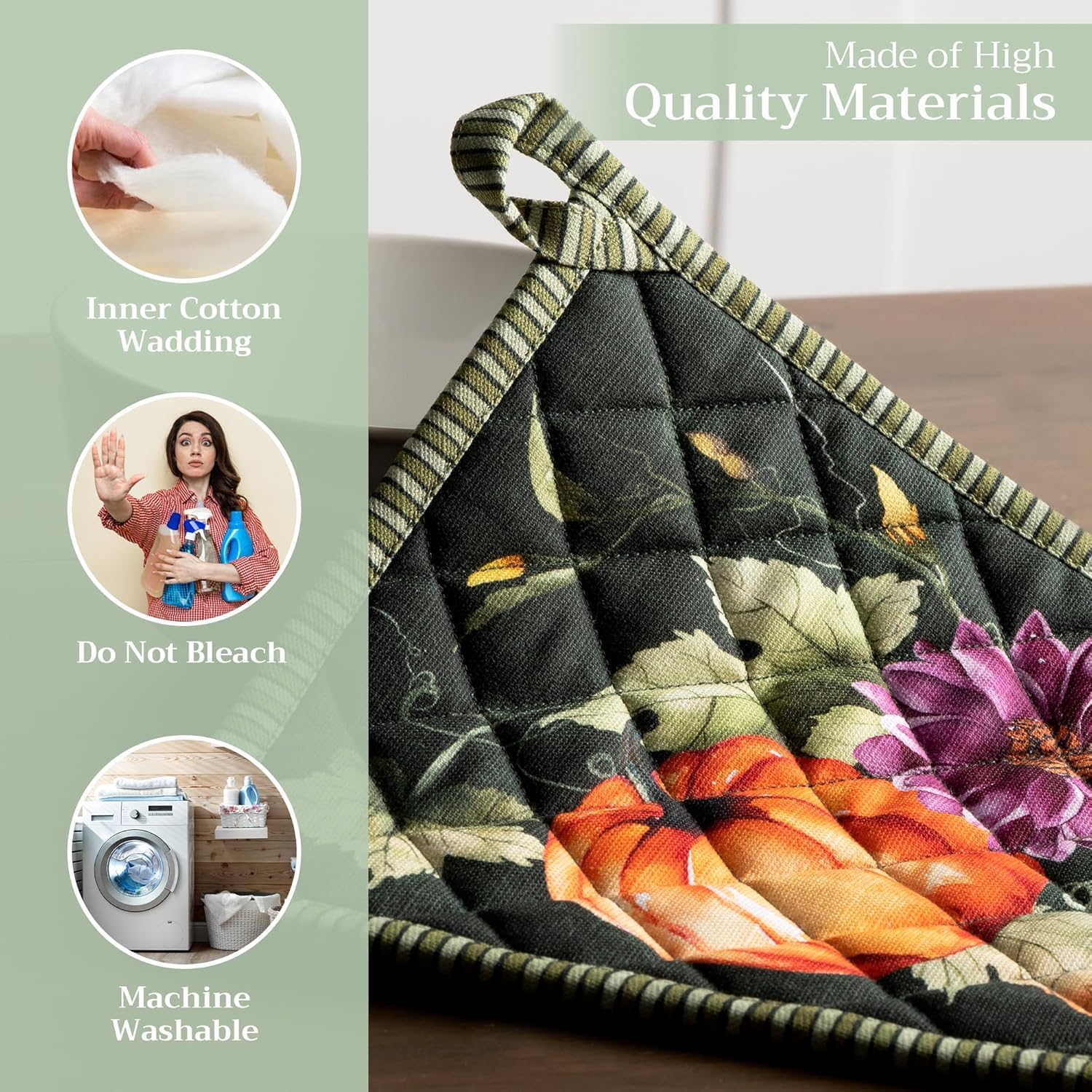 Maison d' Hermine Pot Holders Set 100% Cotton Heat Resistant Potholders 8" x 8" Hot Pads with Loop BBQ, Cooking, Baking, Grilling, Kitchen, Handling Hot Pans (Pack of 2, Pumpkin Garden - Dark Green)