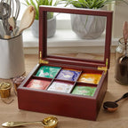 Tea Box - Luxury Wooden Tea Bag Organizer from The Apace Premier Collection - 6 Compartment Tea Storage Chest Container - Elegantly Handmade w/Scratch Resistant Window