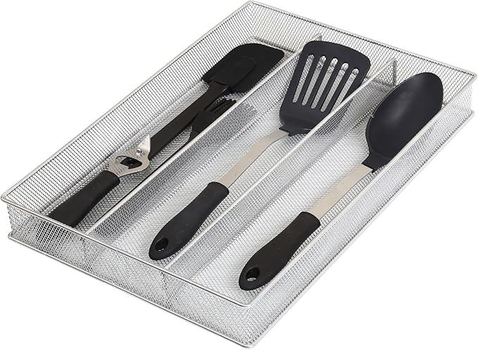YBM Home Metal Silverware Organizer for In-Drawer Cutlery Storage, 3 Compartment Mesh Cutlery Flatware Tray Sorts Kitchen Utensils, Great for Office Supplies 1150s