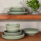 Gibson Elite Island Cove 16 Piece (Service for 4) Plates and Bowls Reactive Glaze Organic Round Dishes Stoneware Ceramic Dinnerware Set -Green