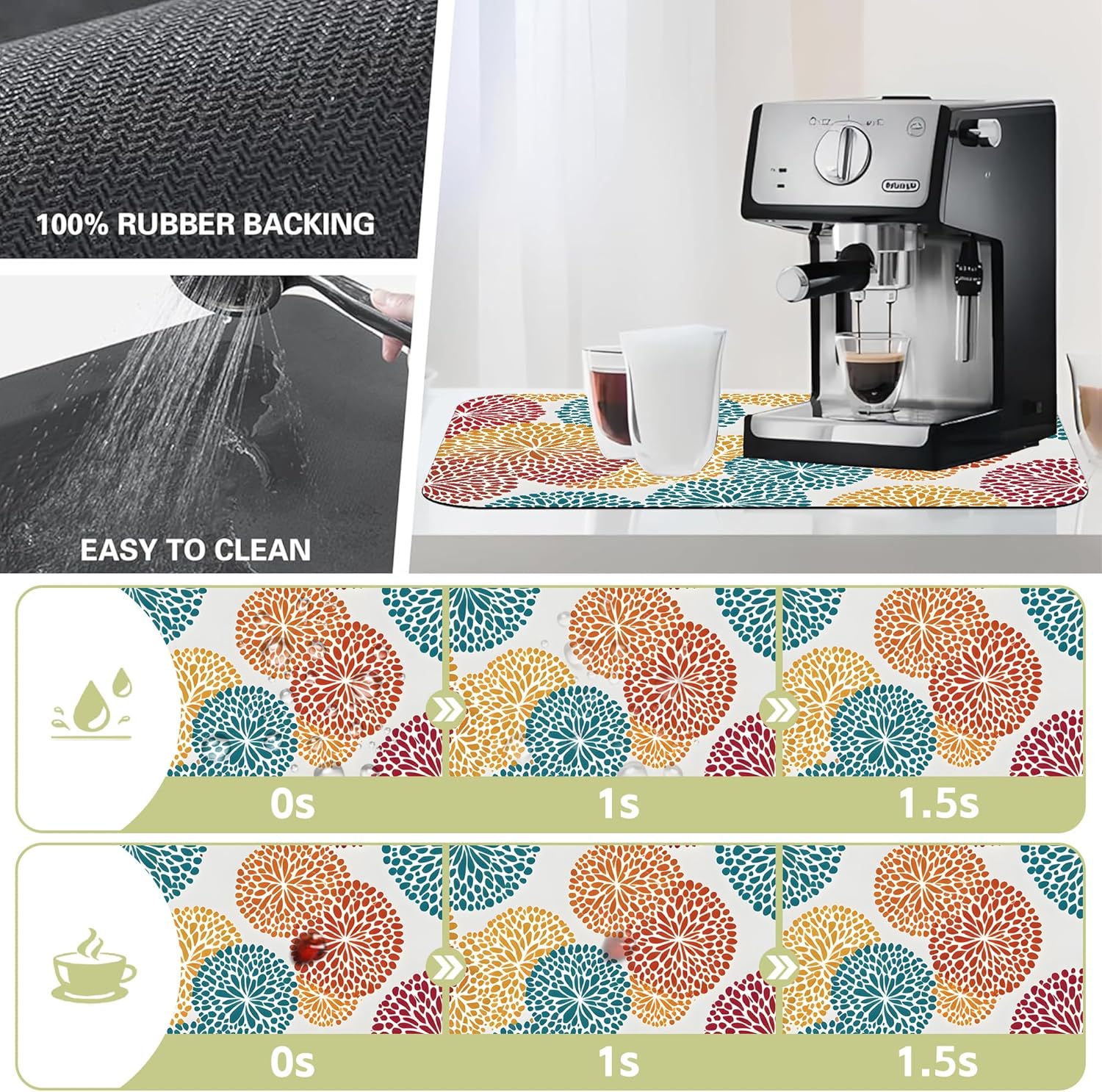 Abstract Floral Elements Dish Drying Mat Artifical Floral Kitchen Mat 12"x19" Bsorbent Coffee Maker Mat for Dishes,Utensils Coffee Maker Pots and Pans Easy Clean Dish Slip Resistant Pad