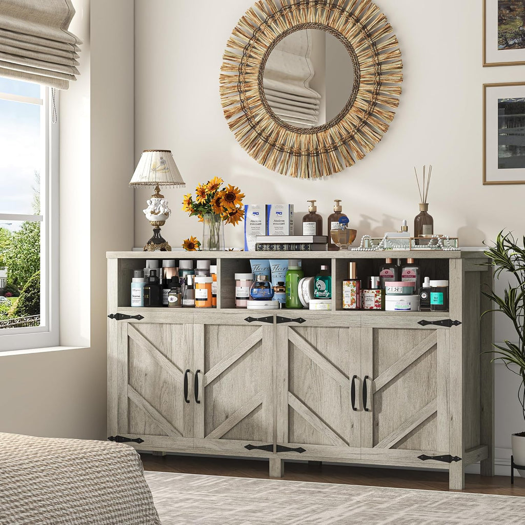 Buffet Cabinet with Storage Farmhouse with 4 Doors, 55'' Large Kitchen Storage Cabinet Wood Coffee Bar Buffet Sideboard for Kitchen, Dining Room, Entryway