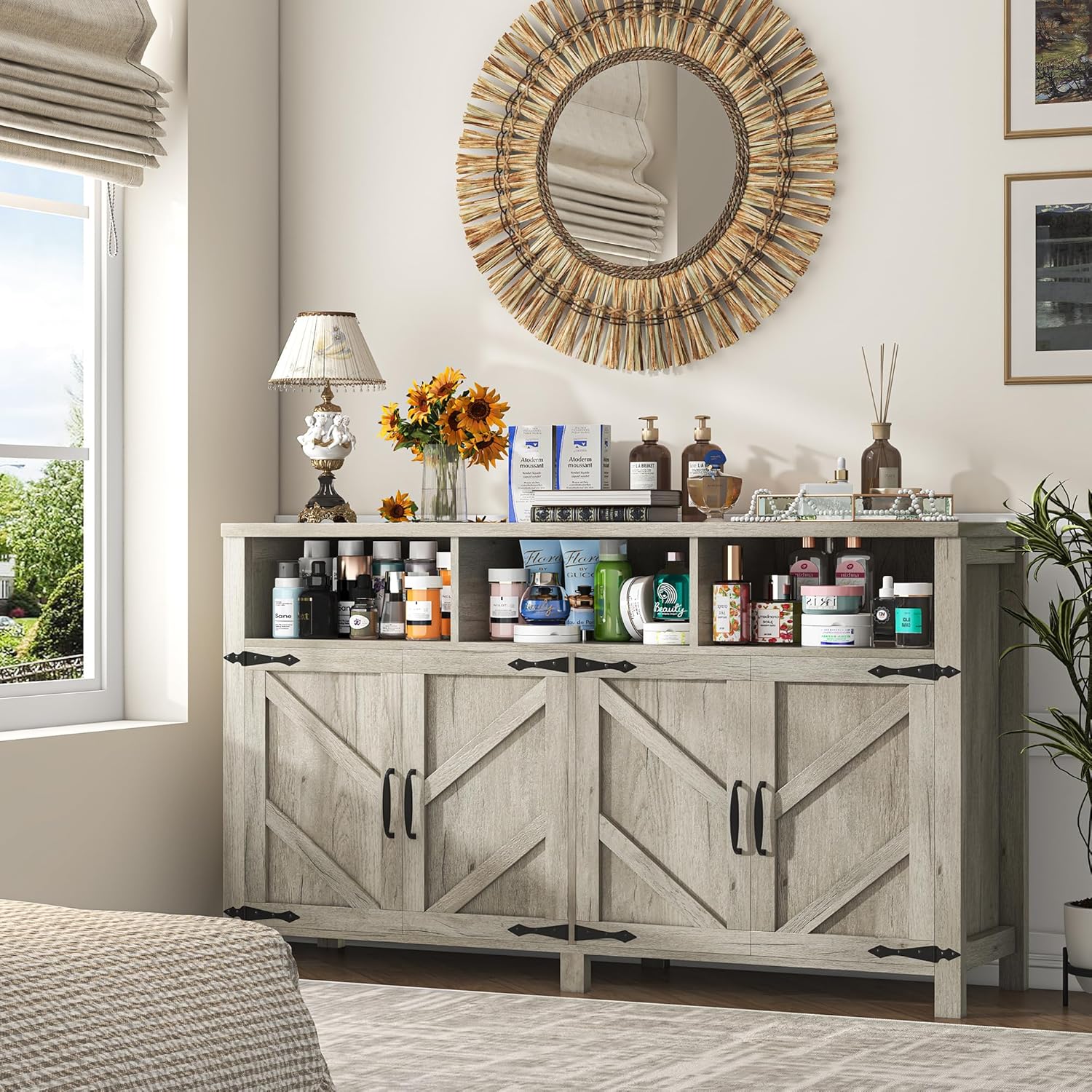 Buffet Cabinet with Storage Farmhouse with 4 Doors, 55'' Large Kitchen Storage Cabinet Wood Coffee Bar Buffet Sideboard for Kitchen, Dining Room, Entryway