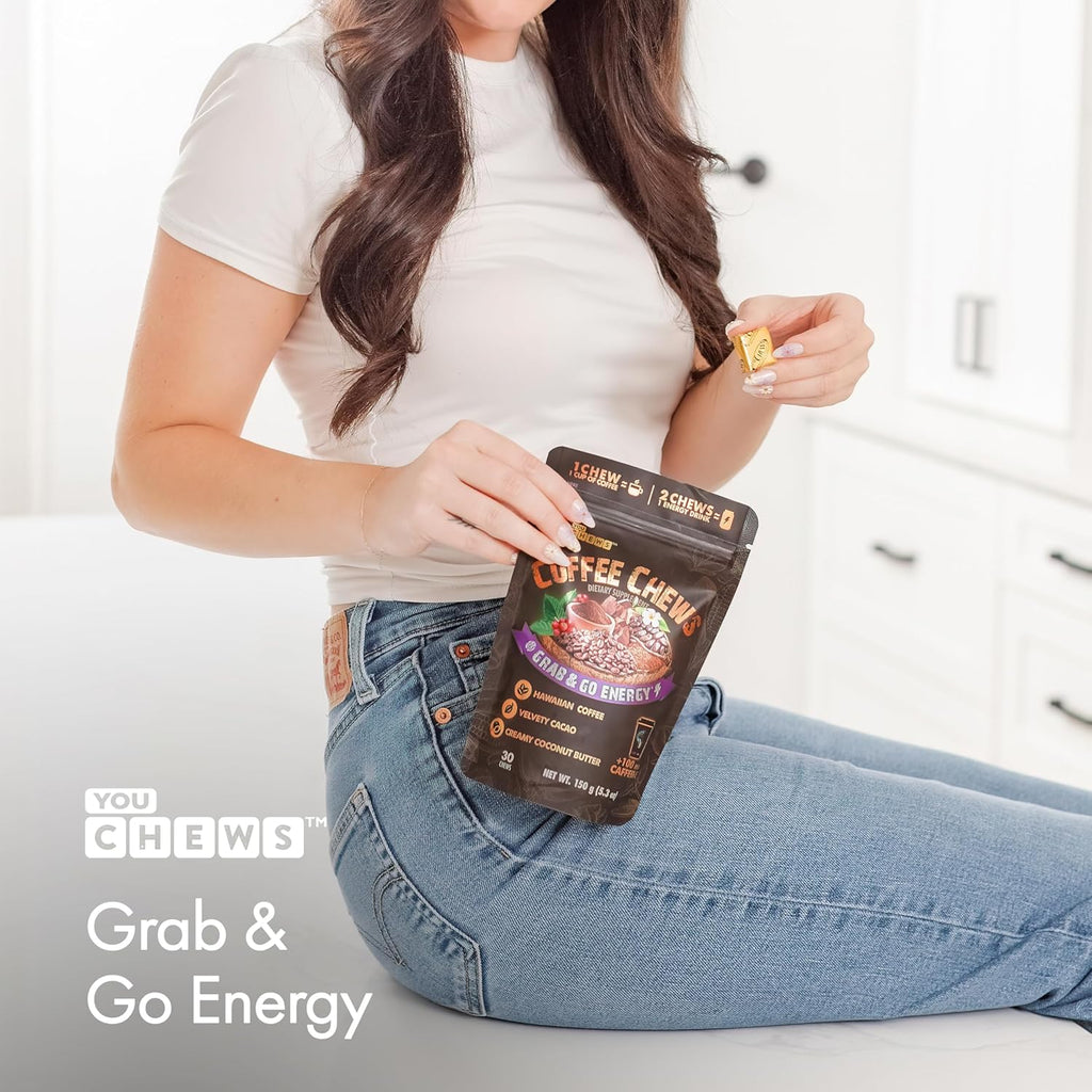 YouChews Coffee Chews - Grab & Go Energy with 100mg per Chew of Clean, Green Caffeine. With Real Organic Ingredients, Low Sugar, Great Bold Taste & Long Lasting Energy Boost (30 Chews Pack)