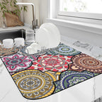 Dish Drying Mat Bohemia Vintage Decorative Pattern Kitchen Mat 12"x19" Bsorbent Coffee Maker Mat for Dishes,Utensils Coffee Maker Pots and Pans Easy Clean Dish Slip Resistant Pad