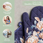 Maison d' Hermine 100% Cotton Oven Mitt & Pot Holder Set (7.5"x13" & 8"x8") Heat Resistant BBQ Cooking Gloves with Loop, Baking, Grilling, Kitchen, Handling Hot Pans (Pumpkin Blues)
