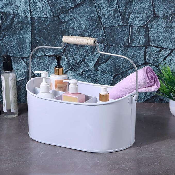 Alpha Living Home Farmhouse 4-Section Galvanized Utensil Caddy - Versatile Organizer for Kitchen, Party & Outdoor Events Rustic Silverware Holder, Cutlery Organizer, Picnic (White)