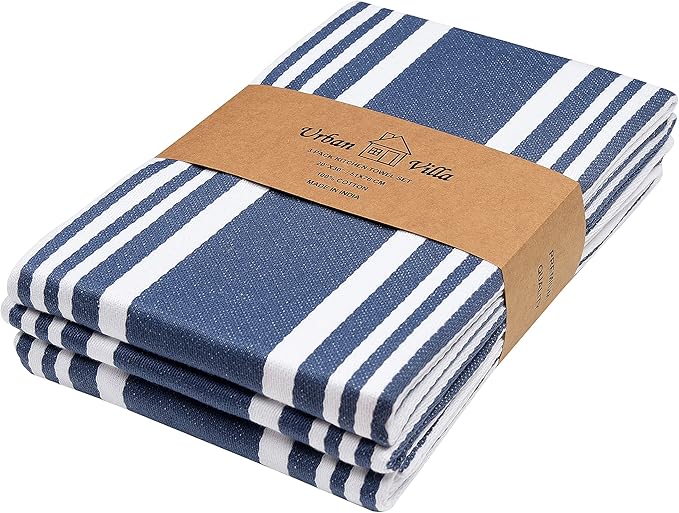 Urban Villa Kitchen Towels 100% Cotton Dish Towels for Kitchen (Set of 3) 20”x30” Dish Cloths Highly Absorbent Kitchen Linen Set with Hanging Loop Perfect for Drying Dishes Cleaning Towels-Blue White