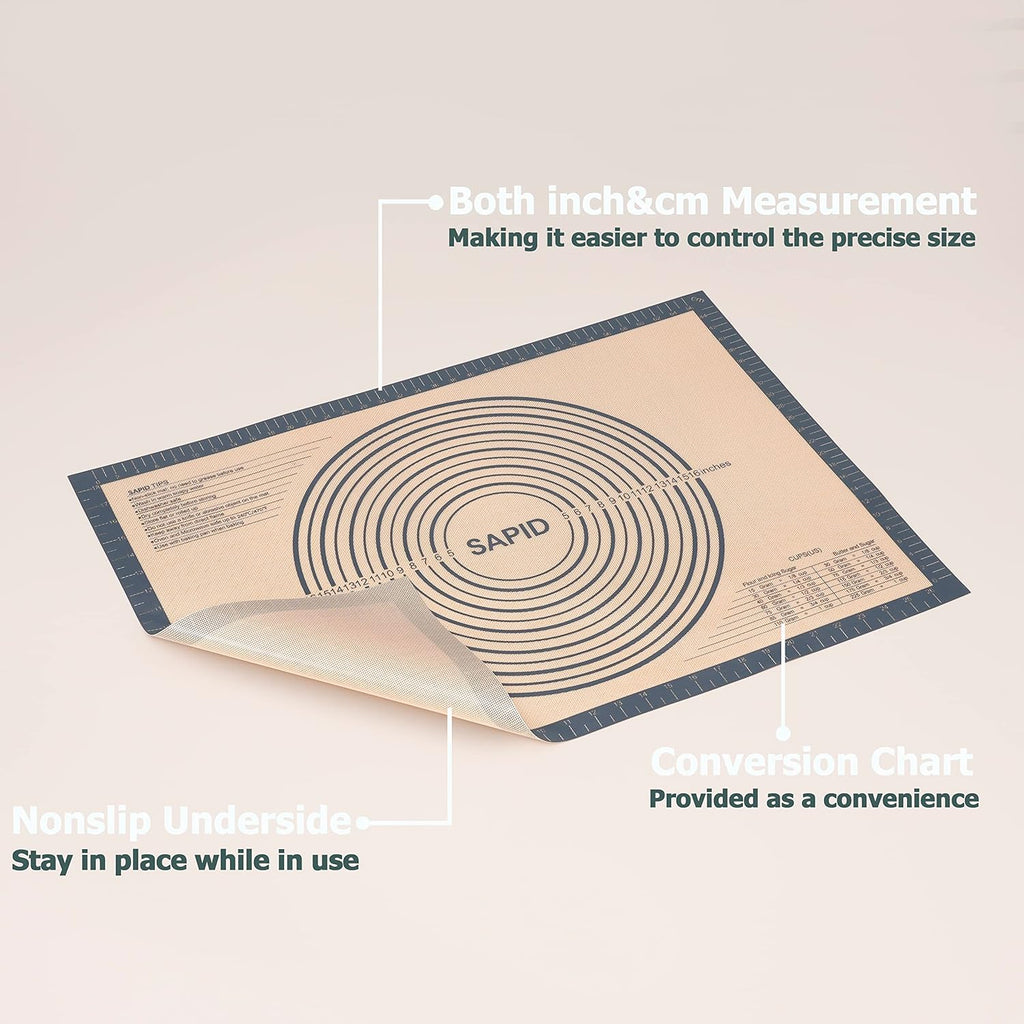 Sapid Extra Thick Silicone Pastry Mat Non-slip with Measurements for Non-stick Silicone Baking Mat Extra Large, Dough Rolling, Pie Crust, Kneading Mats, Countertop, Placement Mats (20" x 28",Gray)