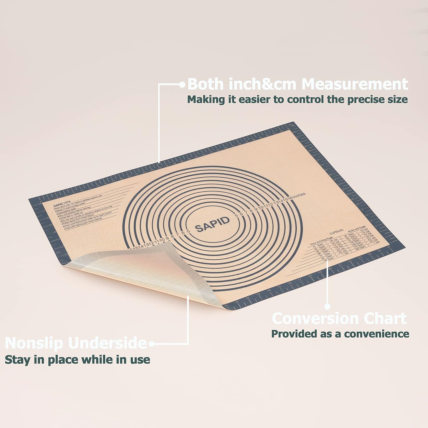 Sapid Extra Thick Silicone Pastry Mat Non-slip with Measurements for Non-stick Silicone Baking Mat Extra Large, Dough Rolling, Pie Crust, Kneading Mats, Countertop, Placement Mats (20" x 28",Gray)