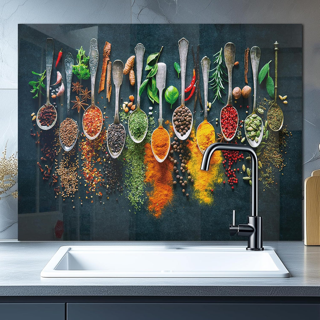 DAIFURONGE Spice Tempered Glass Backsplash For Kitchen Behind Stove,Stove Back Top Cover,Easy to Clean Glass Splashback, Sink Cover Splash Guard,Home Kitchen Wall Decor (35.43"x27.56"(90x70cm))
