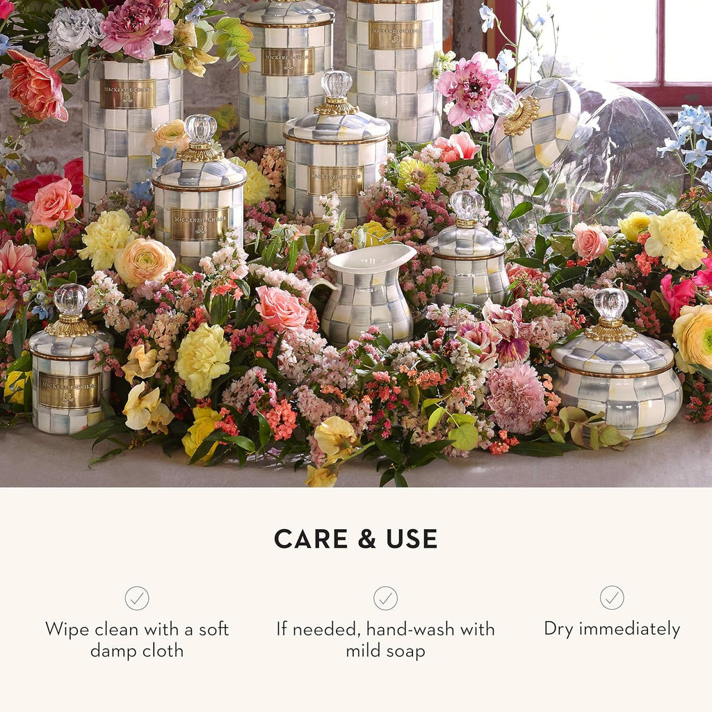 MACKENZIE-CHILDS Enamel Squashed Pot, Cute Enameled Container with Lid, 20 Ounces, Gray-and-White Sterling Check