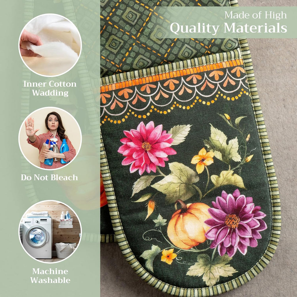 Maison d' Hermine Double Oven Mitts 100% Cotton 7"x35" Double Oven Mitt Heat Resistant BBQ Cooking Gloves with Loop, Baking, Grilling, Home, Kitchen, Handling Hot Pans (Pumpkin Garden - Dark Green)