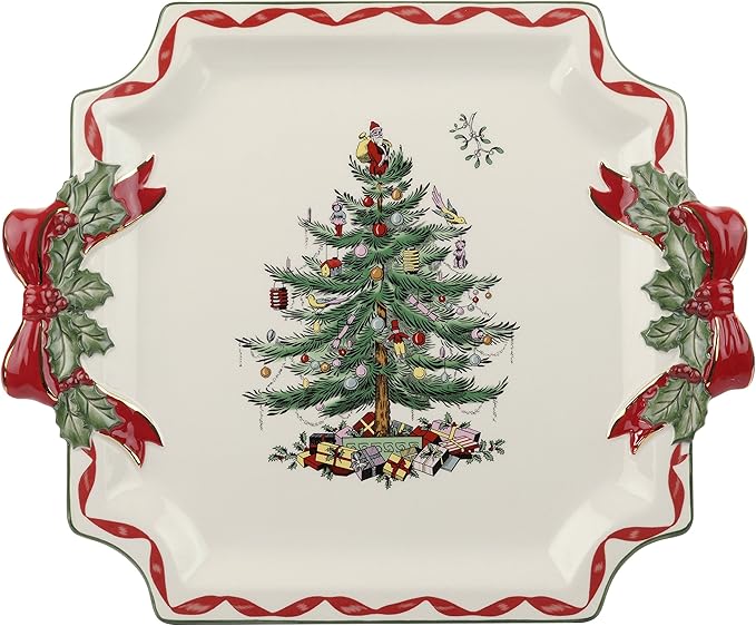 Spode Christmas Tree Ribbons Square Platter with Bow Handles - 11-Inch Holiday Serving Plate for Desserts, Appetizers, & Treats - Festive Christmas Dinnerware with Gold Accents - Dishwasher Safe