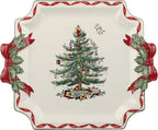 Spode Christmas Tree Ribbons Square Platter with Bow Handles - 11-Inch Holiday Serving Plate for Desserts, Appetizers, & Treats - Festive Christmas Dinnerware with Gold Accents - Dishwasher Safe