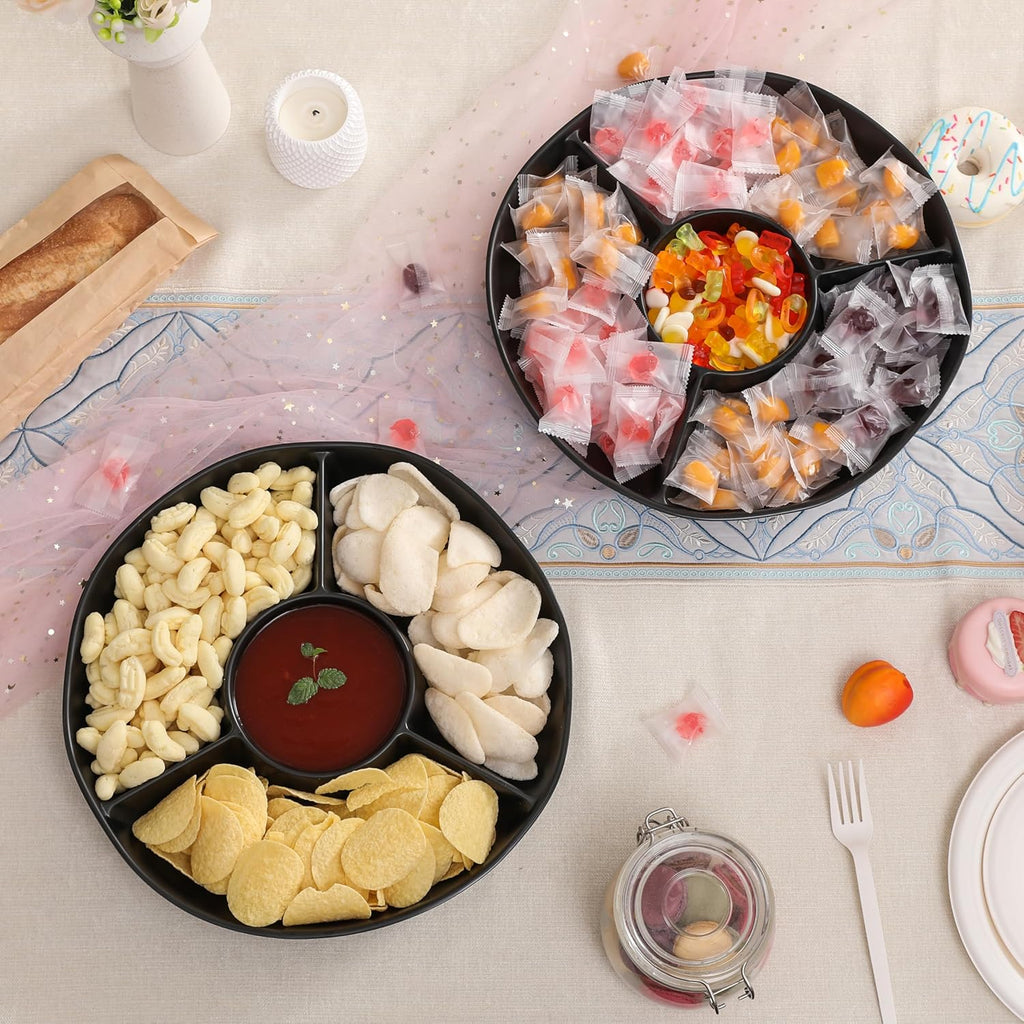 Chip & Dip Serving Tray Set, 4 Sectional Round Melamine Serving Platter, Relish Tray, Round Compartment Appetizer platter for Veggies, Candy and Snacks, Matte Black, Set of 2