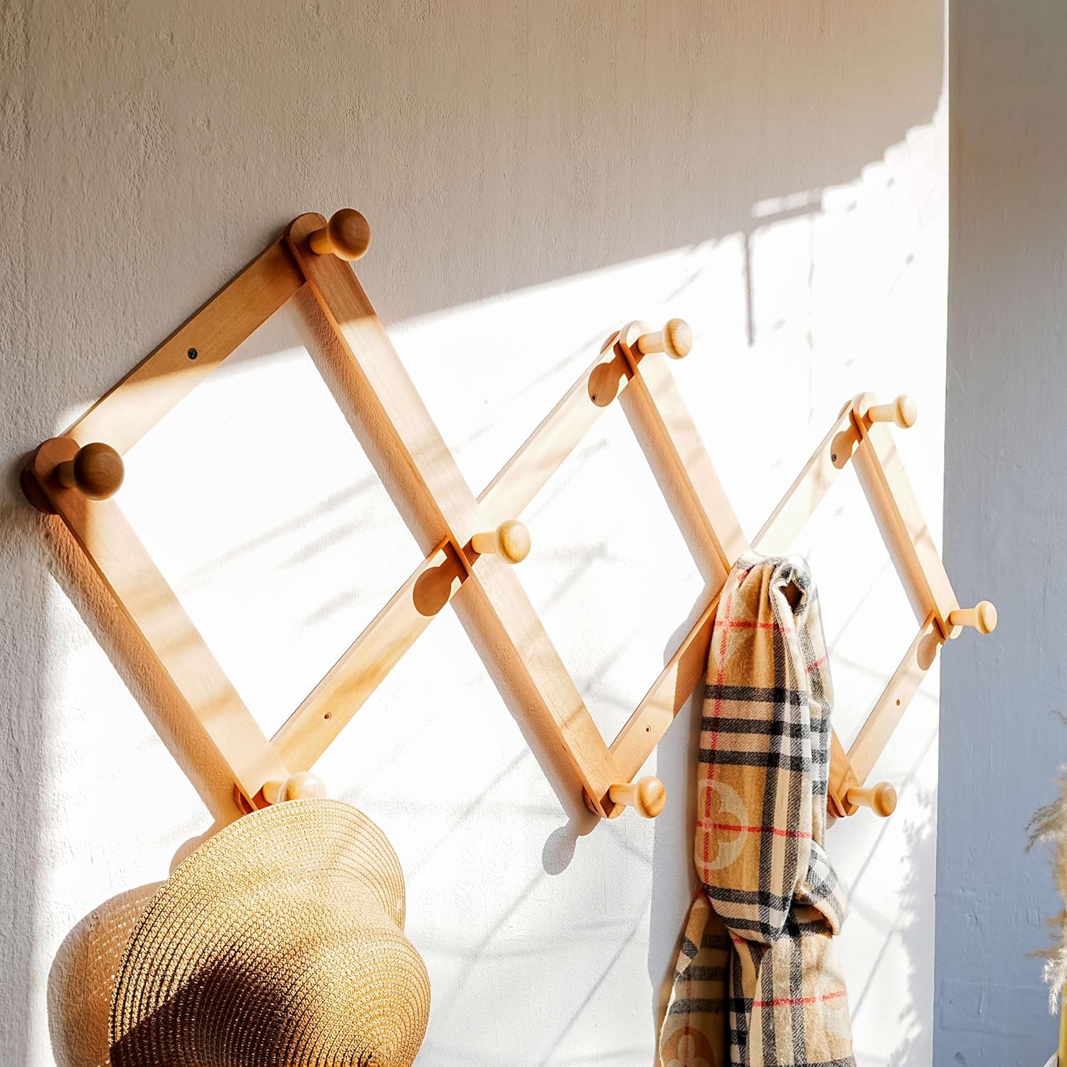 Dseap Expandable Coat Rack (Larger Version) - 24” High, Anti-Slip, Ultra Heavy Duty Wooden Accordian Wall Hanger with 10 Study Peg Hooks for Clothing Hats Jackets Bags, Natural