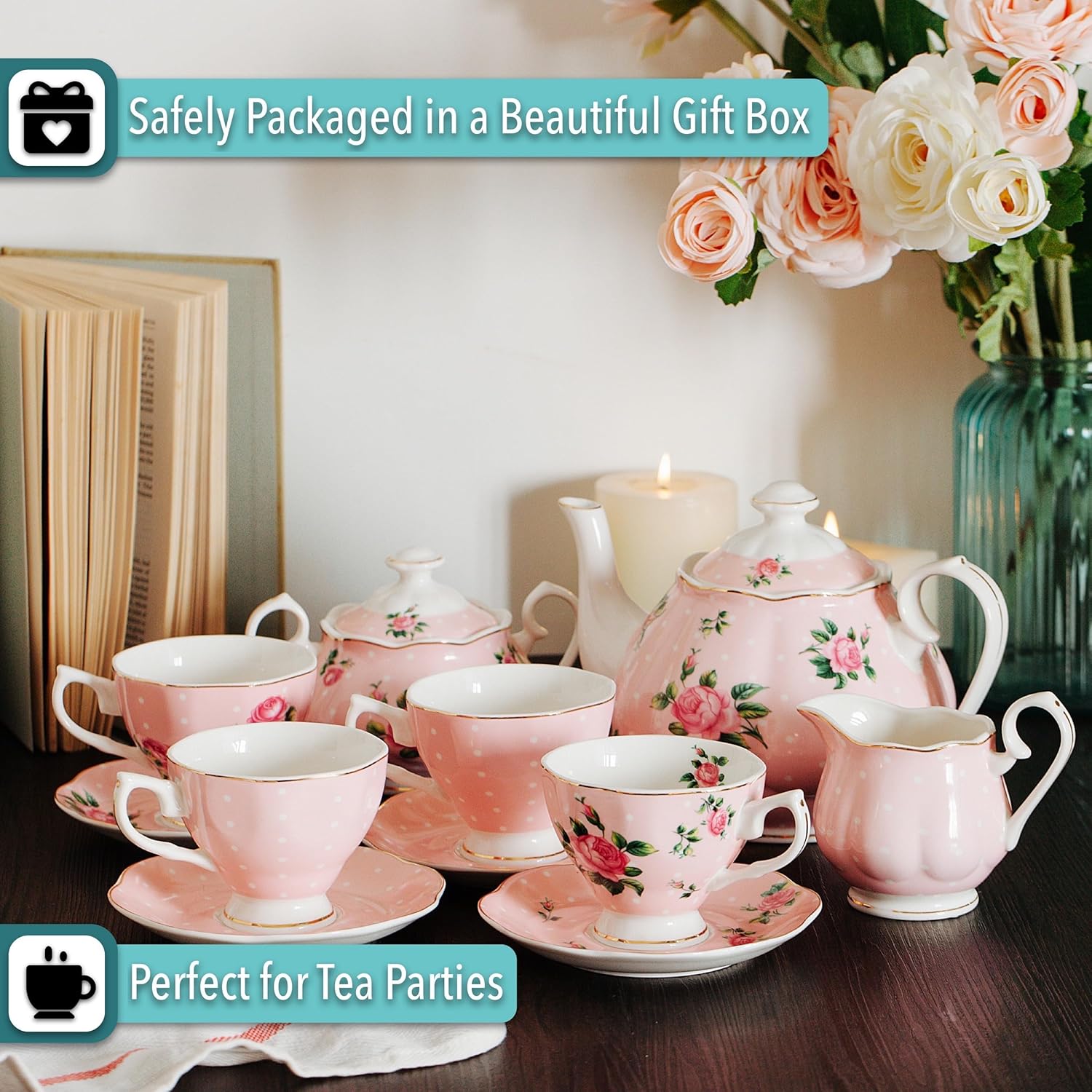 BTaT- Floral Tea Sets for Adults, 13 pcs, Service for 4, Pot (38 oz) & Cups (8 oz) with Saucers, Pastel Pink Floral Design with Gift Box, Porcelain Tea Set for Adult, Dishwasher Safe
