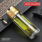 Glass Water Bottle Fits in Car Cup Holder, 14 oz Double Wall Borosilicate Glass Tea Infuser Bottle, One Handed One Key Lid Opening, for Car, Home, Office