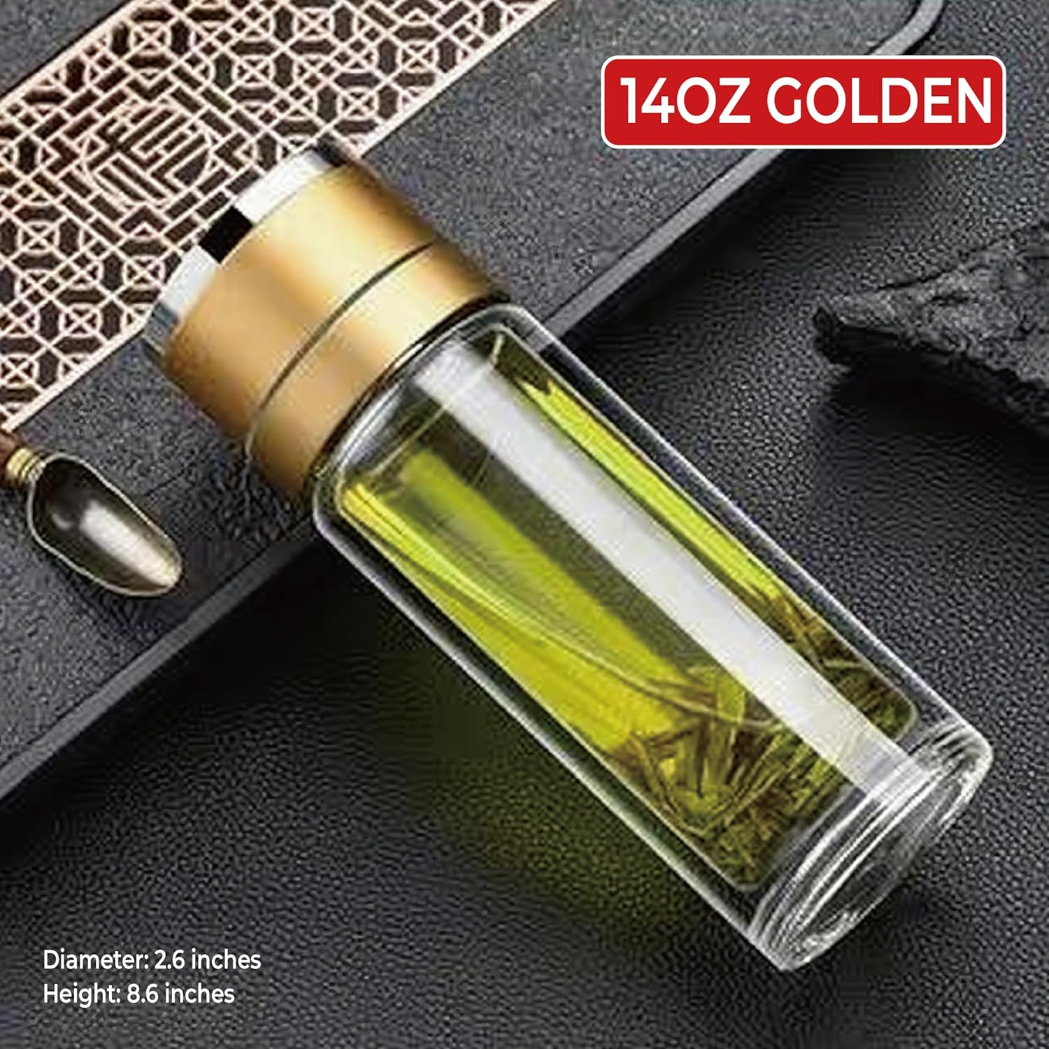 Glass Water Bottle Fits in Car Cup Holder, 14 oz Double Wall Borosilicate Glass Tea Infuser Bottle, One Handed One Key Lid Opening, for Car, Home, Office