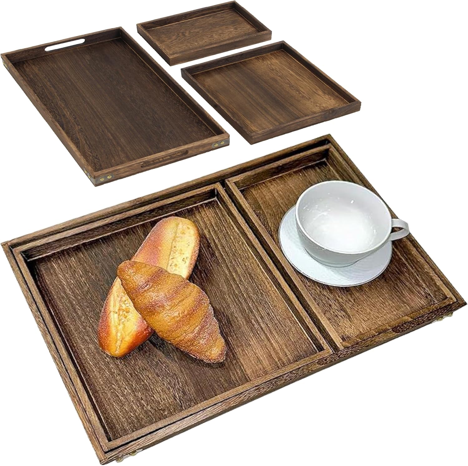 Rustic Wooden Serving Trays with Handle, Serving Platters, Charcuterie Board Set of 3 Nesting Food Trays for Serving Food, Home Decor/Breakfast/Coffee Table/Butler/Ottoman/Bed Tray