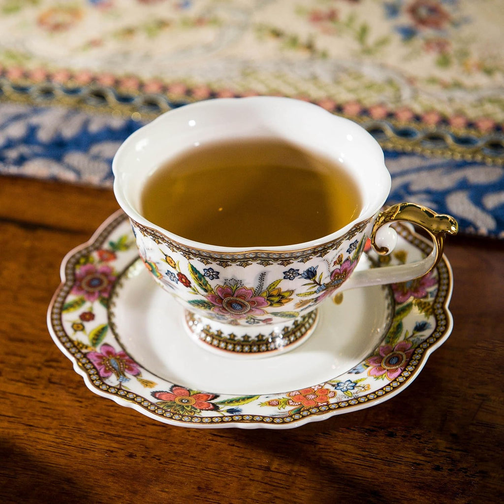 ACMLIFE Bone China Tea Cup and Saucer Set for 1, Vintage Floral Tea Cup with Saucer, Spoon and Gift Box, 6.8 oz (Pink-A)