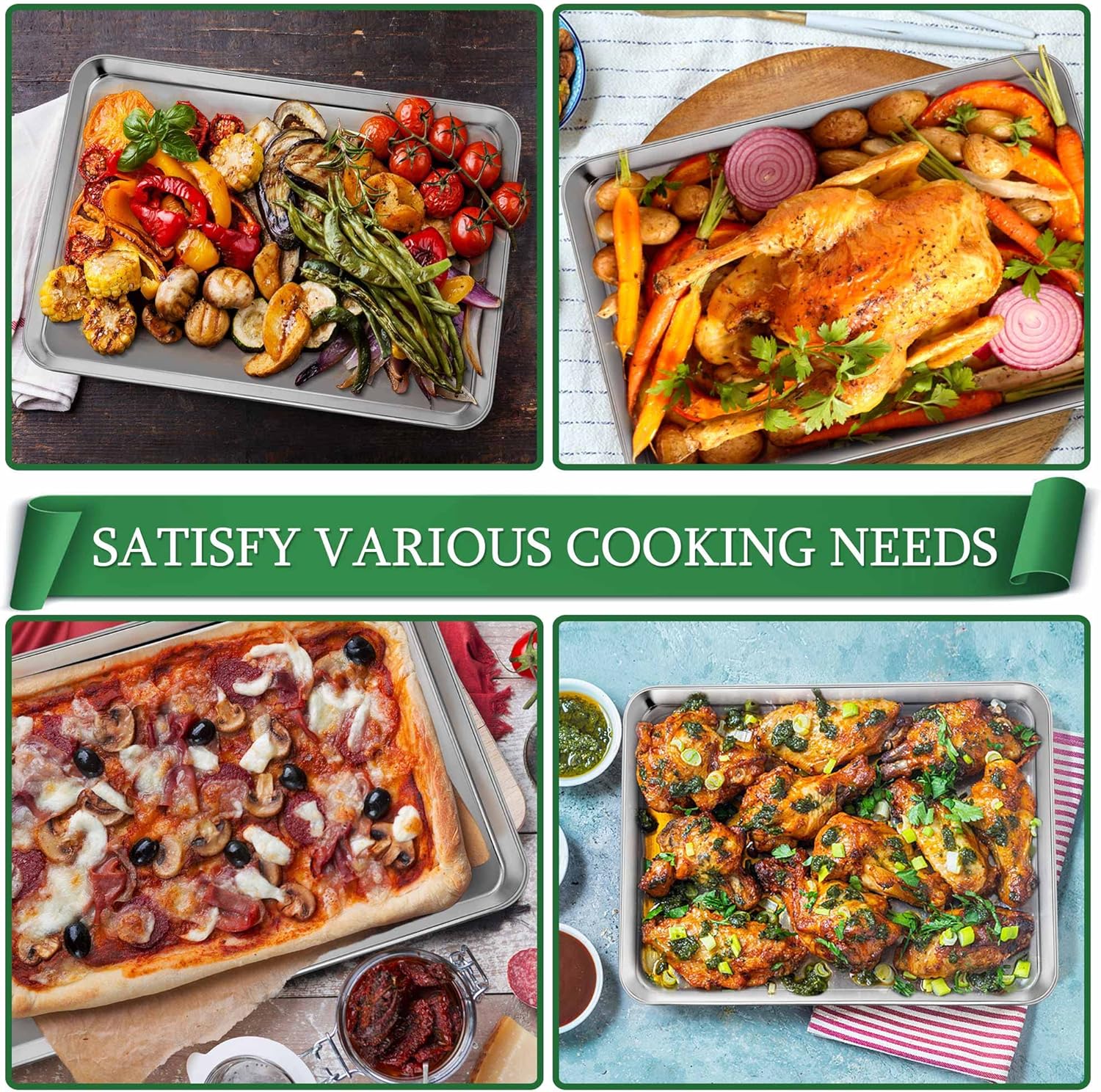 P&P CHEF 16 Inch Baking Sheet and Rack Set, Stainless Steel Cookie Sheets Oven Baking Pans Trays with Cooling Racks for Cooking & Roasting, Oven & Dishwasher Safe, (4Pcs)