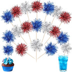 30 PCS Foil Firework Cupcake Toppers Sparkle Tinsel Cupcakae Picks 4th of July Decorations Cocktail Fruit Toothpick for Fireworks Theme Birthday Wedding Graduation Party Decor Supplies Blue Red Silver