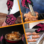 BBQ Fireproof Gloves, Grill Cut-Resistant Gloves 1472°F Heat Resistant Gloves, Non-Slip Silicone Oven Gloves, Kitchen Safe Cooking Gloves for Oven Mitts,Barbecue,Cooking, Frying,13.5 Inch-Rose Pink