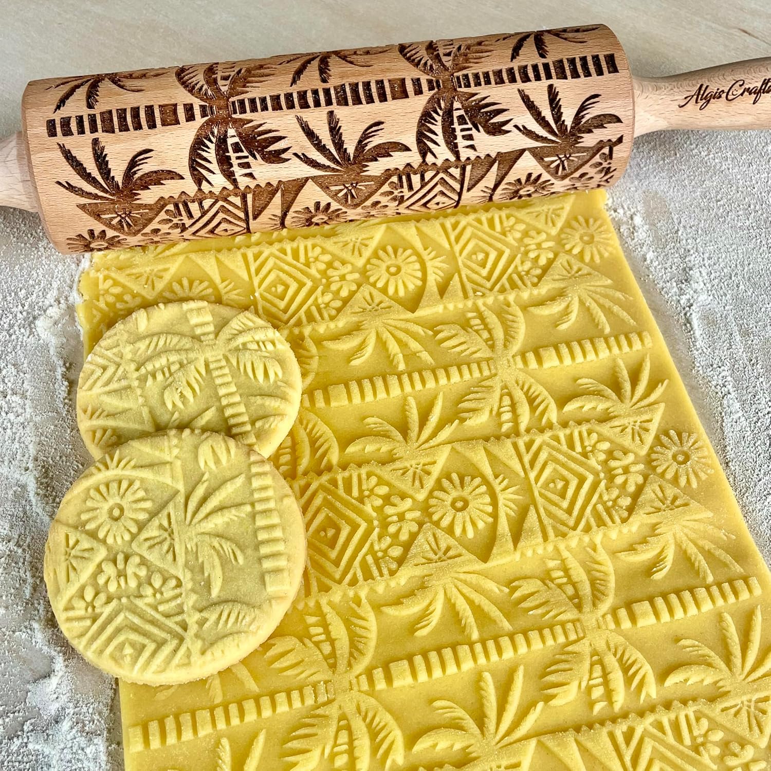 PALM TREE Embossing Rolling Pin with Tropical Pattern. Dough and Clay Roller for Embossed Cookies and Pottery. Cookie and Ceramic Stamp. Backing Gifts for Women by Algis Crafts