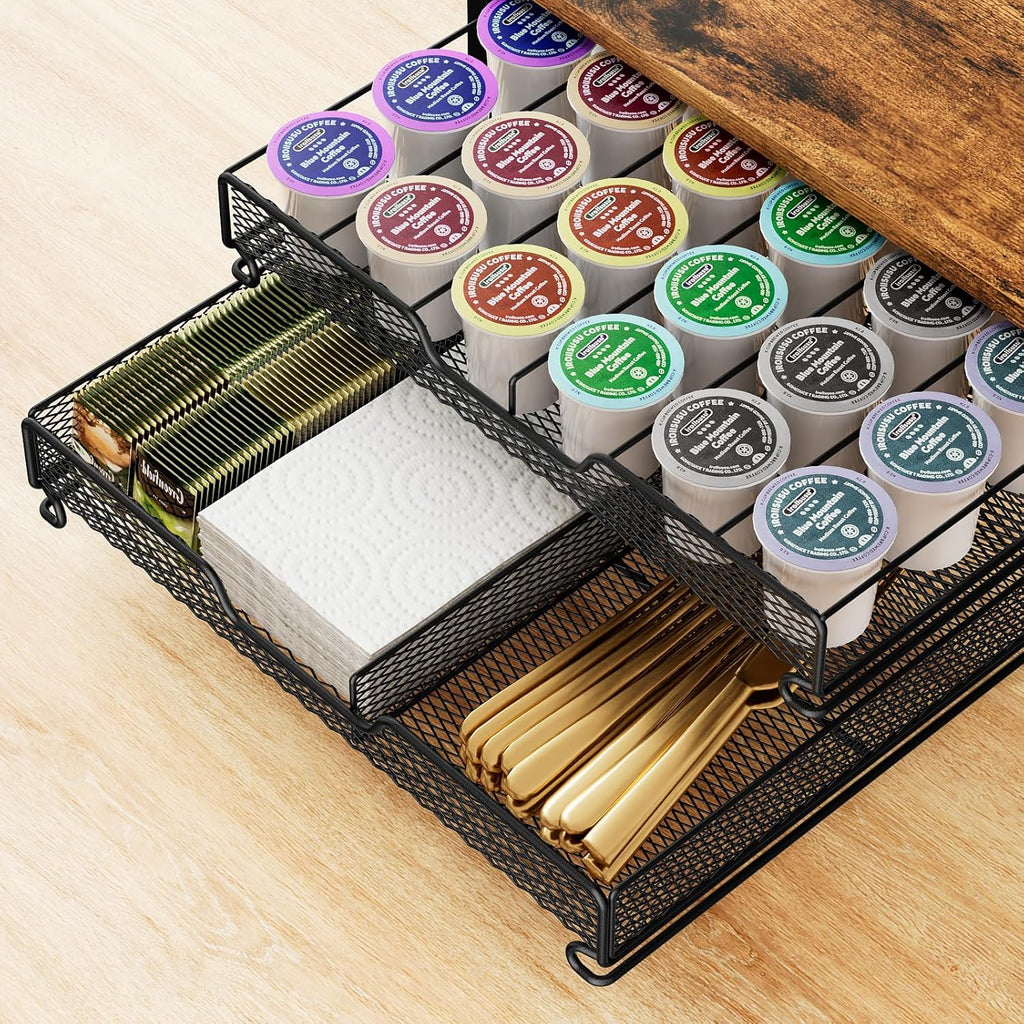 Coffee Bar Organizer Countertop Station Shelf - 4 Tier Mug Holder Stand With 12 Hooks, 30 K Cup Pod Drawer, Multifunctional Shelf for Accessories Kitchen