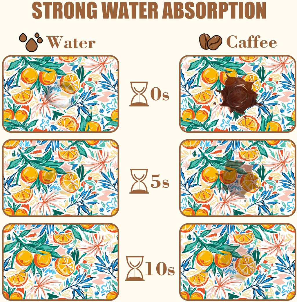 Dish Drying Mat Fruit Orange and Leaves Coffee Bar Mat for Countertop Absorbent Coffee Mat Rubber Backed Hide Stain Dish Drainer Rack Mat Coffee Maker Coffee Pot Dining Room Decor 15.7 x 23.6 Inch