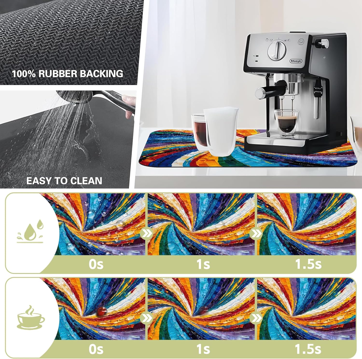 Kitchen Mat Swirl Colorful Textured Dish Drying Mat 12"x19" Bsorbent Coffee Maker Mat for Sink Dishes or Under Rack Kitchen Counter Accessories Absorbent Hide Stain Rubber Backed Dish Drying Pad