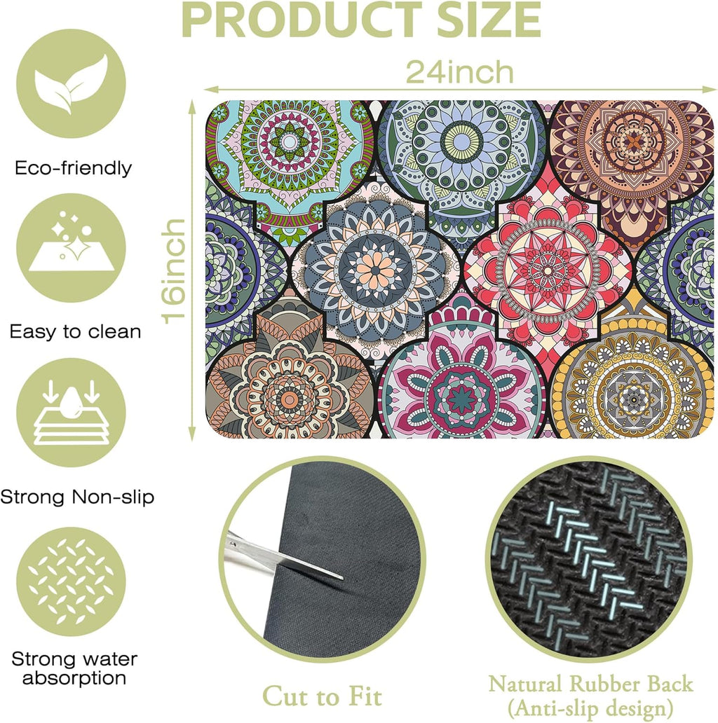Dish Drying Mat Bohemia Vintage Decorative Pattern Kitchen Mat 16"x24" Bsorbent Coffee Maker Mat for Dishes,Utensils Coffee Maker Pots and Pans Easy Clean Dish Slip Resistant Pad