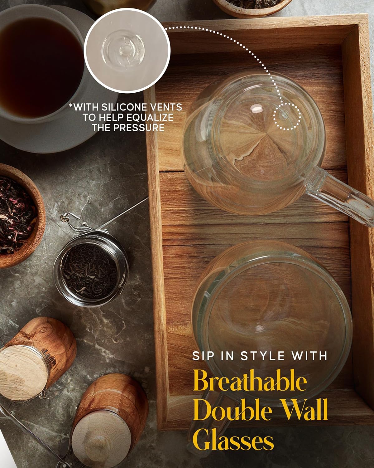 Kitchables Double Walled Glass Coffee Mugs Set of 2, 12oz - Insulated Glass Coffee Mugs for Cappuccino, Latte, Tea, Espresso - Latte Cup - Tazas Para Cafe