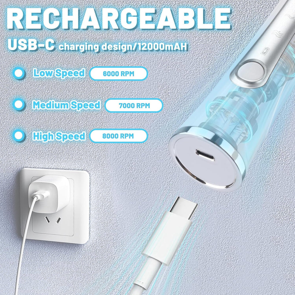 Tonjin Milk Frother with USB-C Rechargeable Wand & 2 Stainless Whisks, Upgraded 3 Speeds Electric Drink Mixer for Coffee, Egg, Matcha