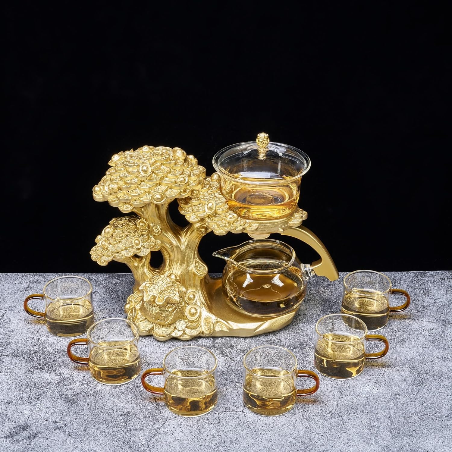 Glass Teapot Set with Infuser Semi Automatic Tea Set Magic Teapot (Tree - golden)