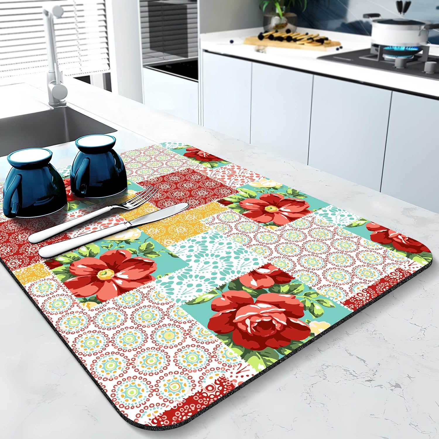 Rubber Dish Drying Mat for Kitchen Counter Large Boho Flowers Washable Quick Home Coffee Pad Fit Under Sink,Bar,Utensils 18x24in