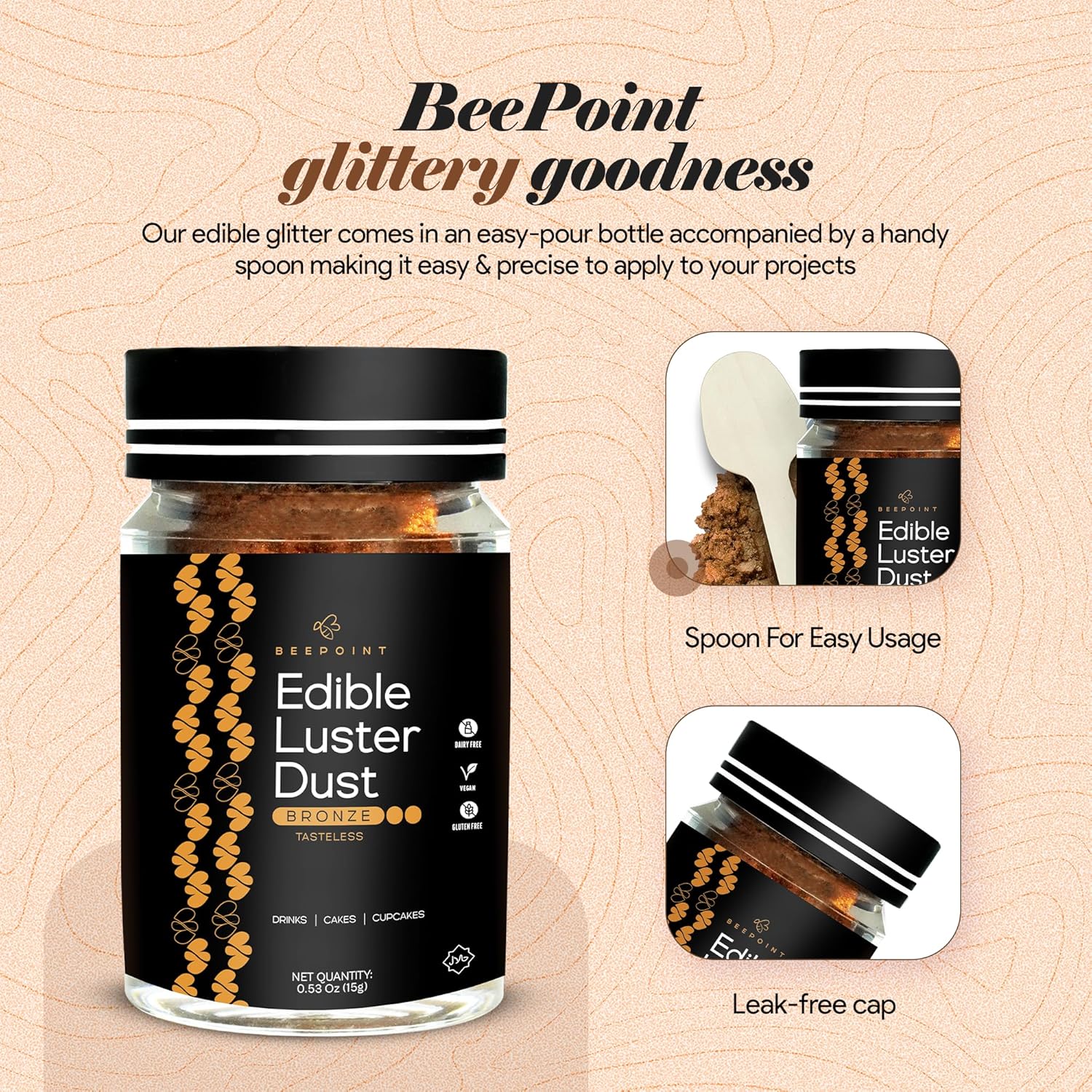 BeePoint Bronze Edible Luster Dust 15g - Food Grade, Vibrant Color Shimmer Powdered Dust for Drinks, Cocktails, Cake Decorating, Baking, Chocolates, Candy, Sweets, & Cookies - Vegan & Gluten Free