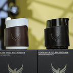 Espresso Pitcher For Latte Art Premium Handleless Design Stainless Steel Pitcher with Leather Sleeve 14oz Milk Frother Jug Gift For Espresso Lovers (Black)