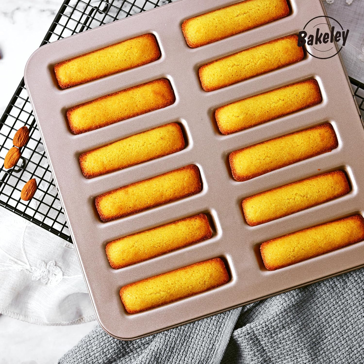 Financier Cake Pan, 12-Cavity Non-Stick Rectangle Muffin Pan Biscuits Cookies Bakeware for Oven Baking (Champagne Gold)