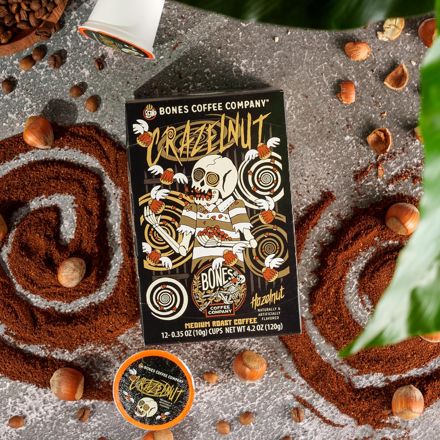 Bones Coffee Company Crazelnut, Hazelnut Flavored Coffee Pods, Low Acid Medium Roast Single-Serve Bones Cups, Compatible with 1.0 & 2.0 K-Cups Brewers Coffee Maker, 12 Count