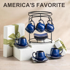 LYEOBOH 3oz Espresso Cups with Saucers, Small Coffee Cups Set of 6 with Spoons and Metal Stand, Ceramic Cute Demitasse Cups for Housewarming Wedding Gift, Cobalt Blue