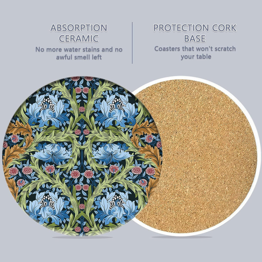 Coaster for Drinks Set of 6, Vintage Flower Absorbing Round Ceramic Stone Coaster with Cork Base,Tabletop Protection Mat for Mugs and Cups,Coffee Table Wine Glass Home Bar 4 Inch