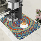 Boho Mandala Ethnic Coffee Mat Absorbent Dish Drying Mat for Kitchen Counter Hide Stain Rubber Backed Coffee Bar Accessories Fit Under Espresso Machine Dish Drainer 11.8 x 19.7 Inch