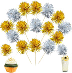 Ephlyn 30Pcs Foil Firework Cupcake Toppers Party Birthday Cake Toppers Supplies Sparkle Tinsel Cocktail Fruit Toothpick for Birthday Wedding Graduation Party Supplies Gold Silver