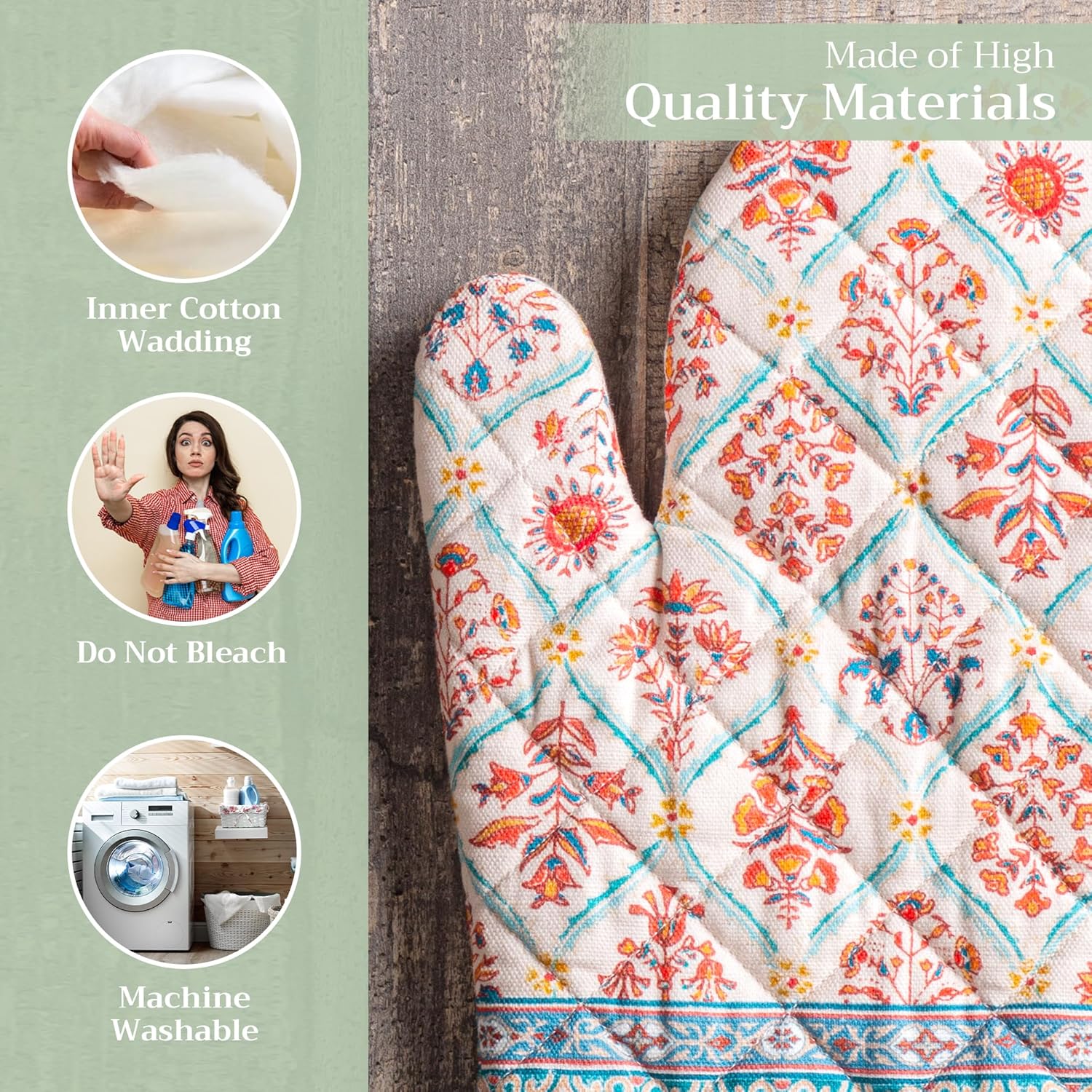 Maison d' Hermine Oven Gloves 100% Cotton Oven Mitt 7" x 13" with Loop Heat Resistant, BBQ, Cooking Gloves, Baking, Grilling, Kitchen, Handling Hot Pans (Pack of 1, Romane)