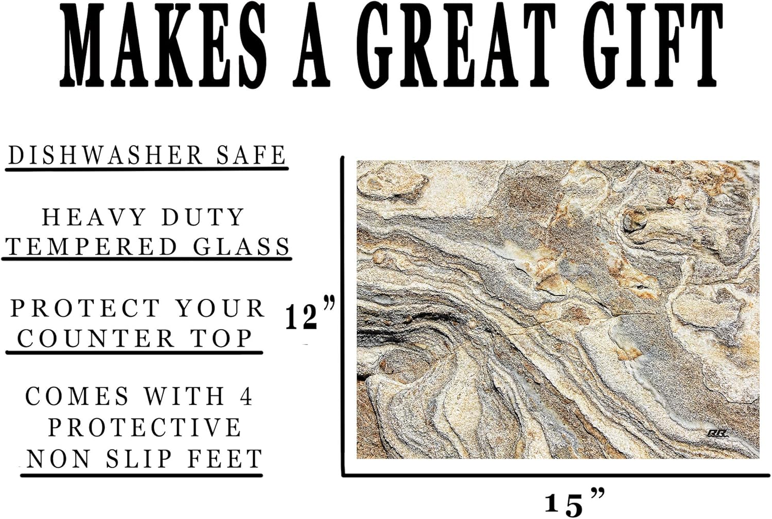 Rogue River Tactical Light Granite Stone Marble Gray Brown White Pattern Textured Marble Art Kitchen Glass Cutting Board Modern Decorative Gift Abstract Wavy Contrast Design