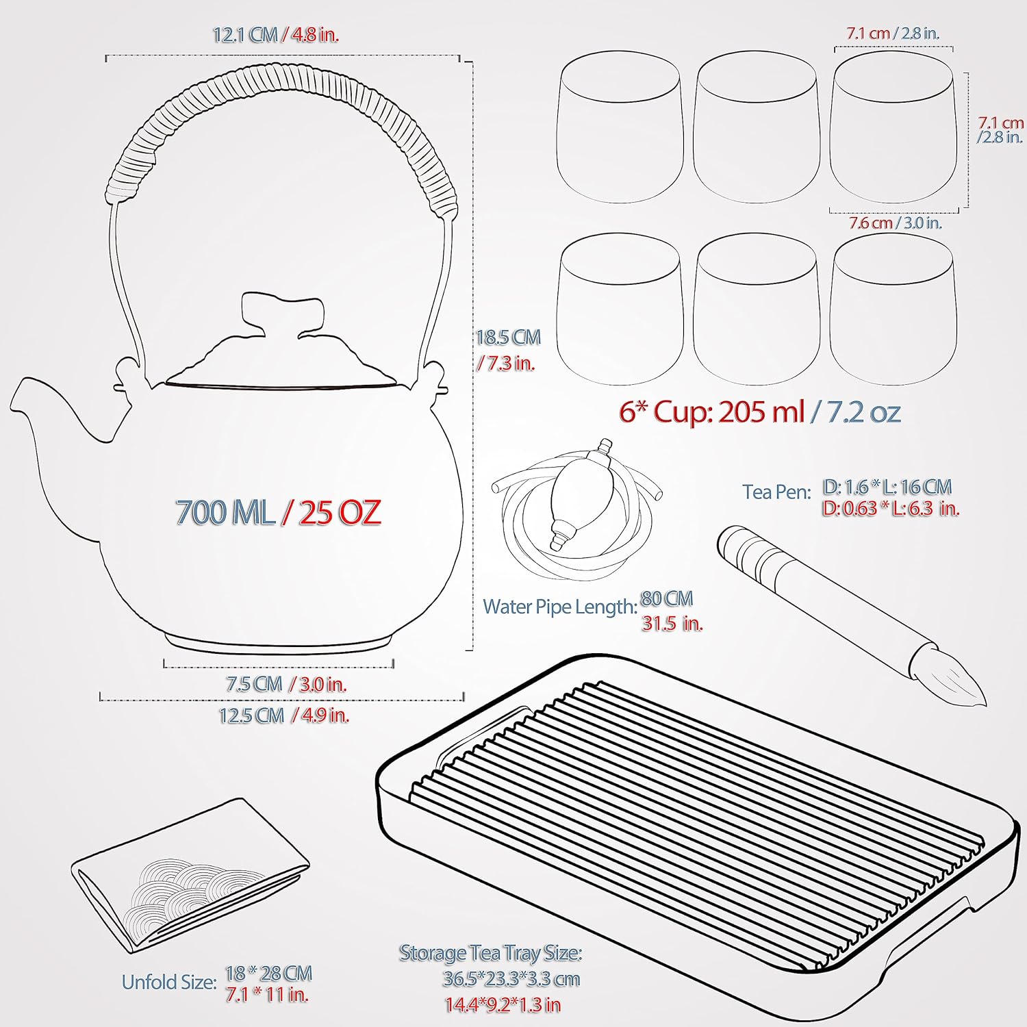 TEANAGOO Japanese Tea Set, Chinese Tea Sets, Porcelain Japanese Tea Cups, Chinese Gongfu Tea Set, Asian Tea Set for Adults, Japanese Teapot Set, 1 Teapot (700ml/25oz) + 6 Tea Cups(205ml/7.2oz), U1