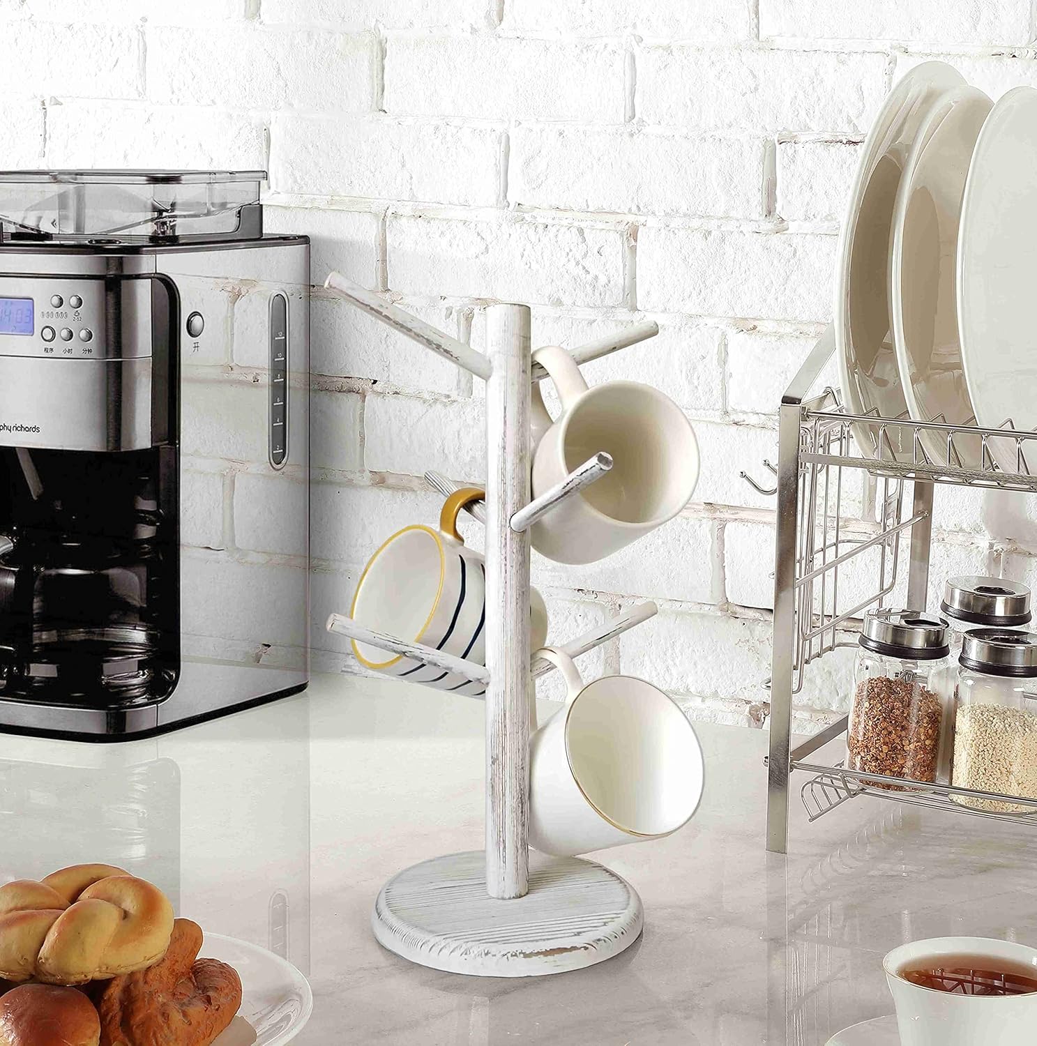 Dorhors Mug Holder Tree,Coffee Cup Holder with 6 Hooks, Wood Mug Rack for Counter,Coffee Bar Accessories and Orgnizer Station